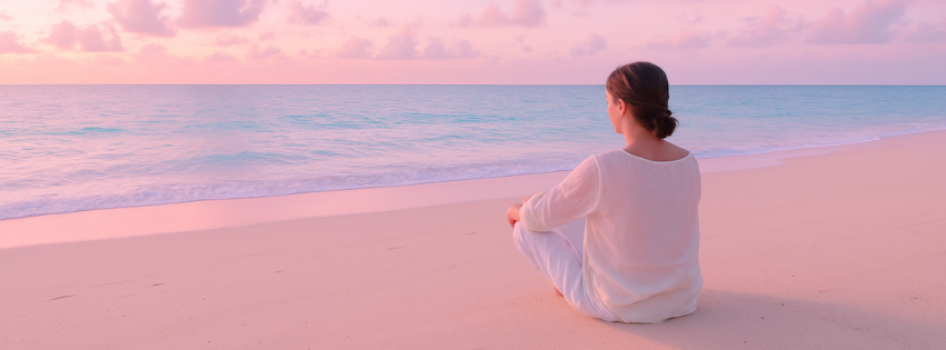 Woman in white sitting on pink beach at sunset - peaceful contemplation