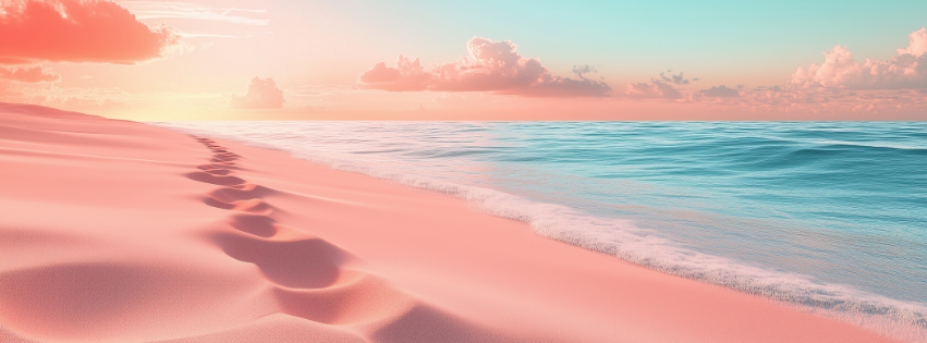 Footprints in pink sand leading to turquoise ocean - journey and transformation